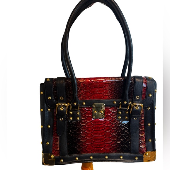 Red & Black Studded Snakeskin Satchel Tote with Gold Hardware - Picture 1 of 10